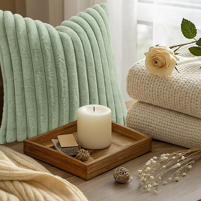 decorUhome Fall Faux Fur Throw Pillow Covers 26x26 Set of 2 Sage Green | - Image 9