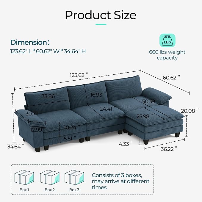 LINSY HOME 123" Modular L-Shaped Sectional Sofa, 3-Seat Corduroy Modern Cloud - Image 2