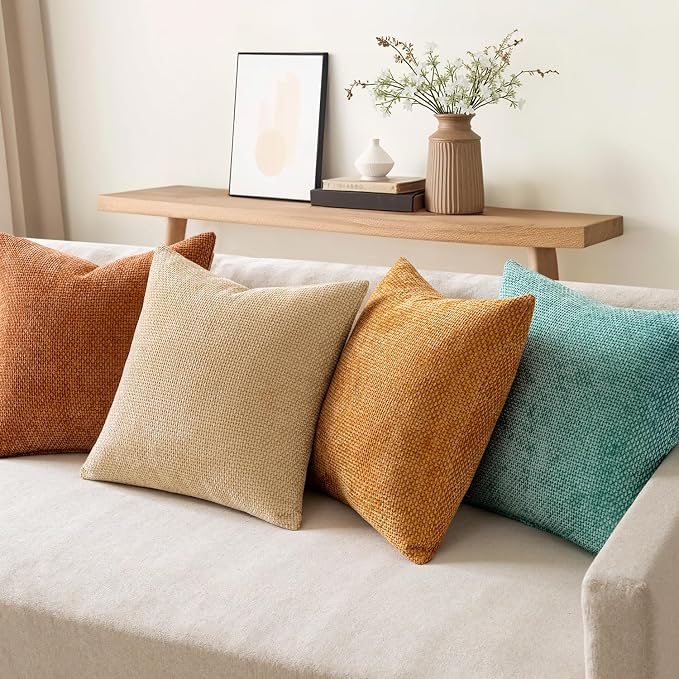 MIULEE Soft Decorative Chenille Fall Pillow Covers Beige Orange Teal 18x18 | - Image 3