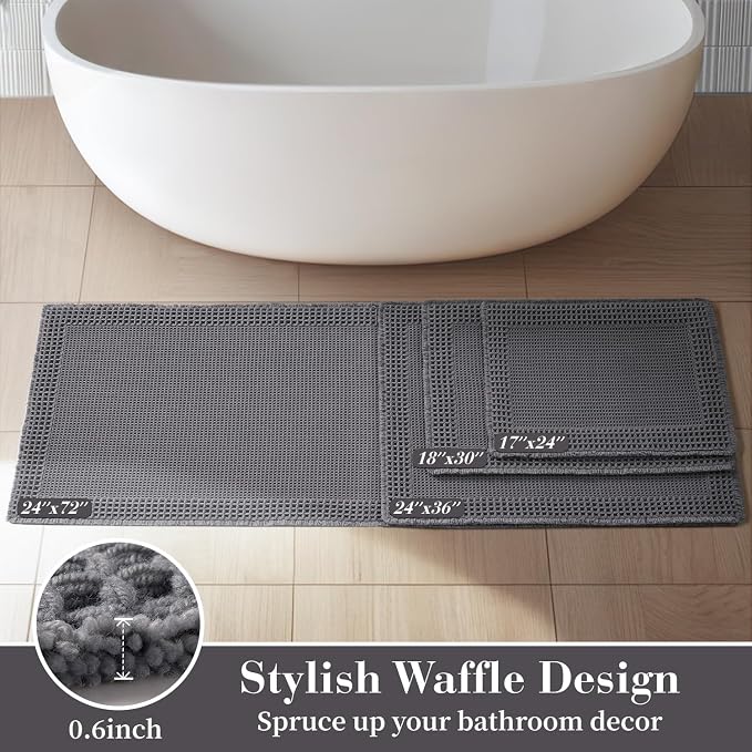 RESARE Waffle Bathroom Runner Rugs, Non Slip Boho Bath Mat 24x72 Dark Grey | - Image 5