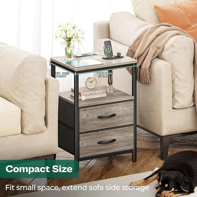Huuger Nightstand with Charging Station, Fabric Drawers, End Table with Open - Image 6