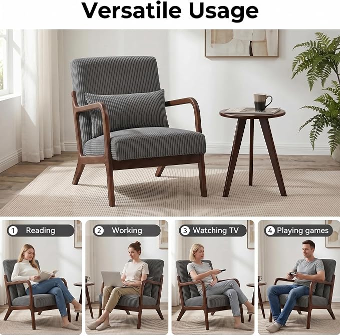 Mid Century Modern Accent Chairs Set of 2, Upholstered Corduroy Armchairs - Image 5