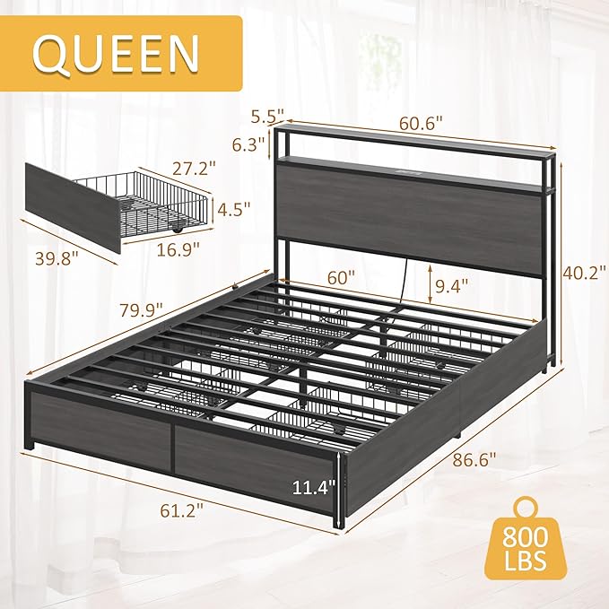 Lifezone Queen Bed Frame with 2-Tier Storage Headboard, Metal Platform Bed - Image 2
