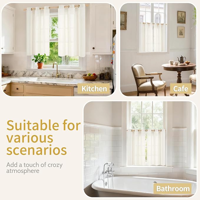 YoungsTex Ivory Linen Kitchen Curtains 40 Inch Length 2 Panels | Short Semi - Image 2