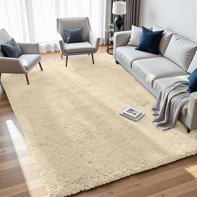 8x10 Fluffy Shag Area Rugs for Living Room Bedroom: Soft Plush Carpet Beige | - Image 2