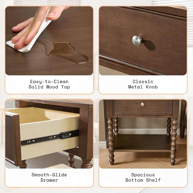AMERLIFE 24" Walnut Nightstand, Vintage Bedside Table - Image 7