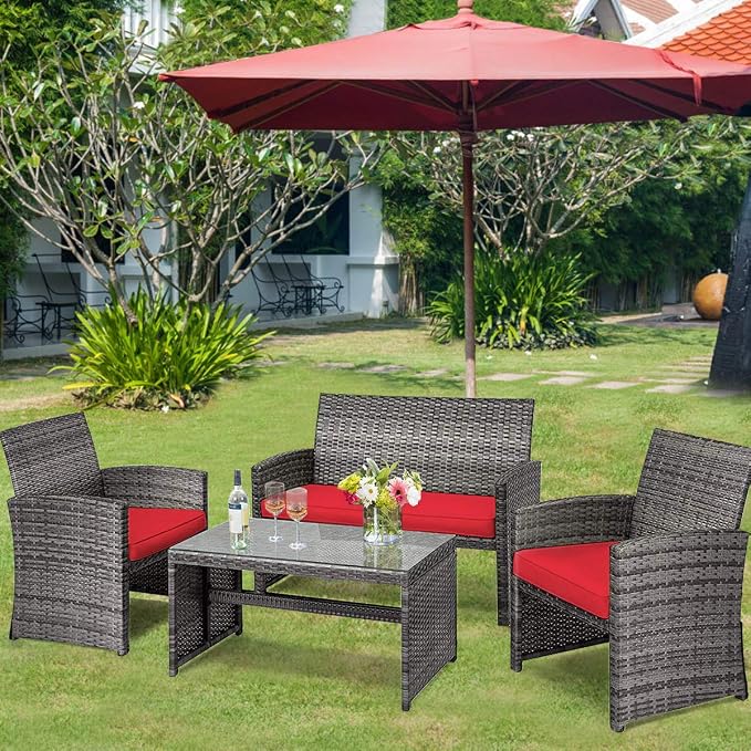 Tangkula 4 PCS Wicker Patio Conversation Set, Outdoor Rattan Sofas - Image 3