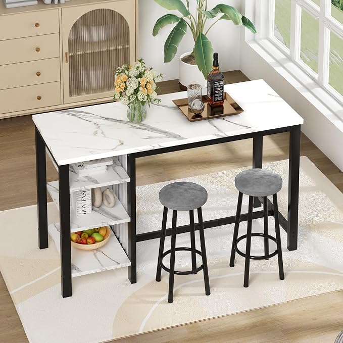 AWQM Bar Table Set with Storage Shelves, 3-Piece Dining Set - Image 2