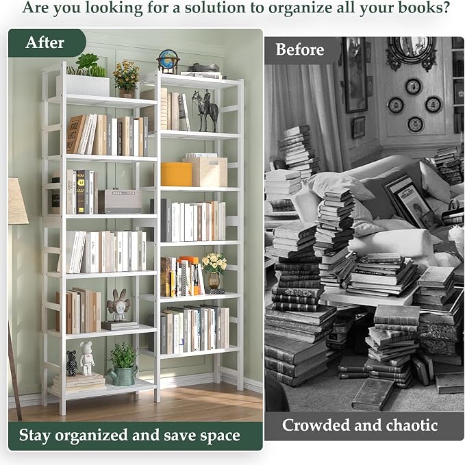 Homykic Double Wide Bamboo Bookshelf White, 6-Tier Large Open Bookcase - Image 5