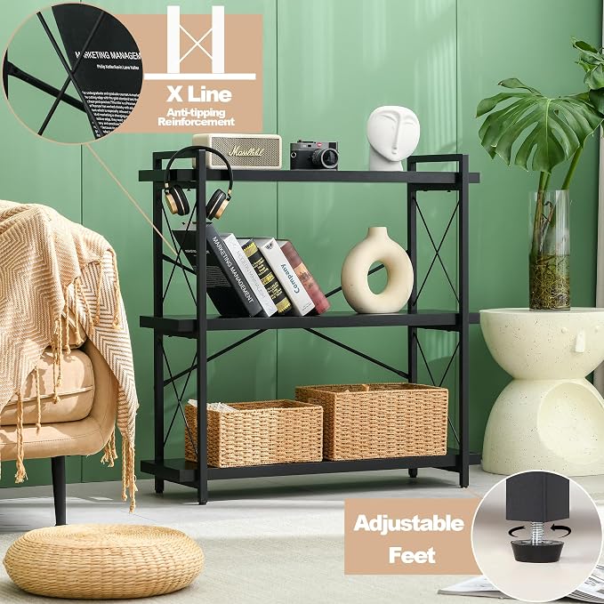 HCHQHS Bookshelf, 3-Tier Industrial Bookcase, Freestanding Horizontal - Image 6