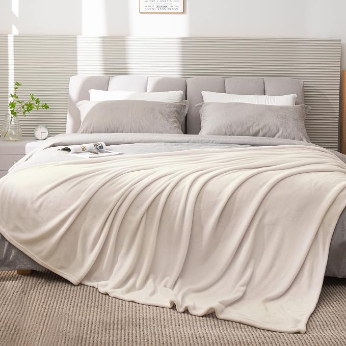 BEDELITE Fleece Blanket Soft Plush Queen Size Bed Blanket Beige 90"x90" | Ultra - Image 8