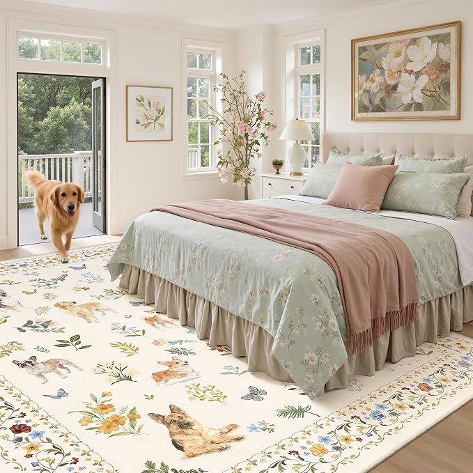 Soalmost Dog 9x12 Area Rugs for Living Room, Washable Animal Soft Rug Beige | - Image 3