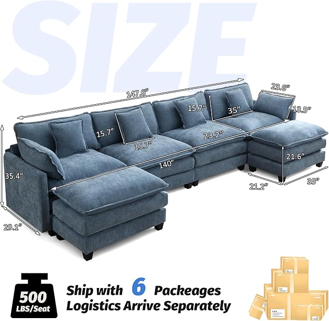 147'' Sectional Cloud Deep Seat Couch, Oversized Chenille U Shaped Sectional - Image 2