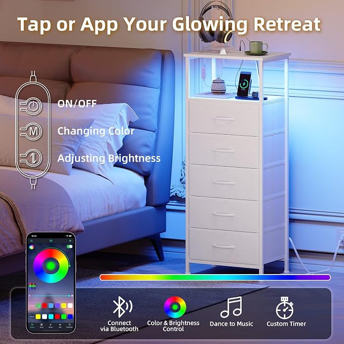 Somdot White Nightstand with Charging Station and LED Light - Image 4