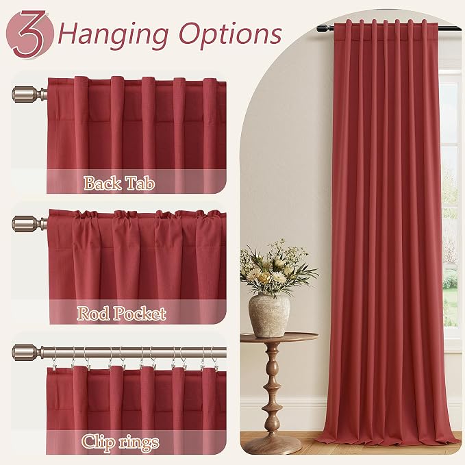Red 100% Blackout Linen Curtains 102 Inch Length 2 Panels Set - Image 6