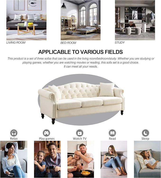 2 Piece Beige Velvet Chesterfield Sofa Set - Image 4