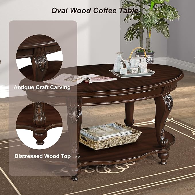 Oval Wood Coffee Table for Living Room, 2-Tier Solid Wood Coffee Table - Image 4