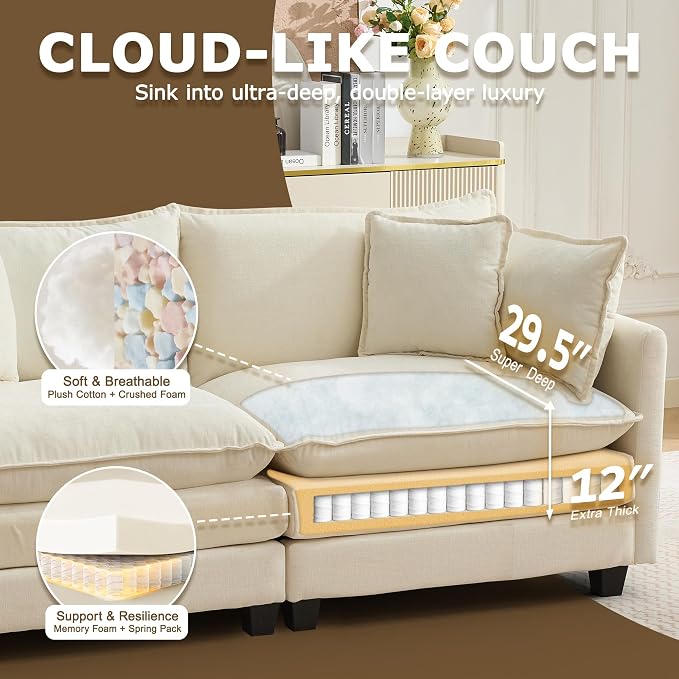 78" Modular Sectional Sofa, Cloud Couch Loveseat Sofa, Deep Seat Washable - Image 3