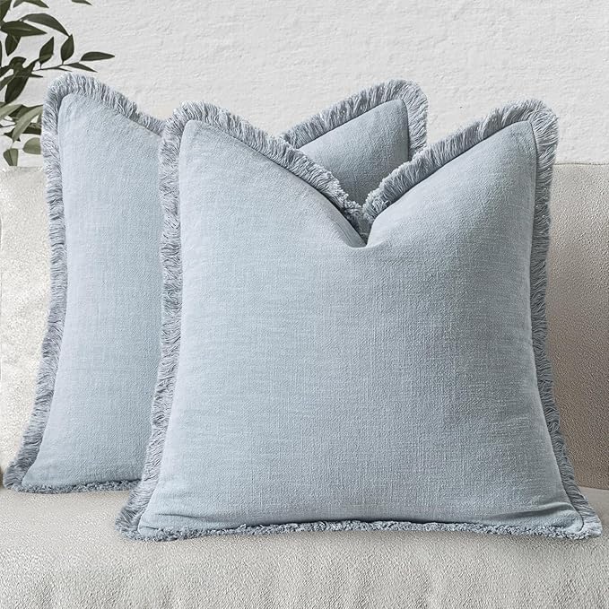 MIULEE Boho Linen Fringe Decorative Throw Pillow Covers Sky Blue 18x18 | Set of by MIULEE