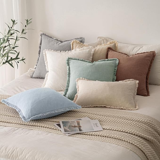 MIULEE Boho Linen Fringe Decorative Throw Pillow Covers Sky Blue 20x20 | Set of - Image 6