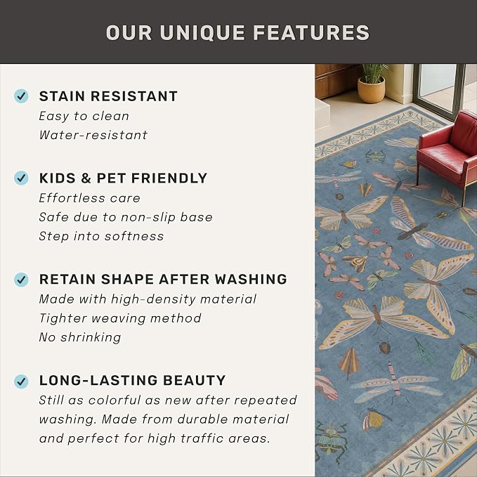 Washable Blue Insect Runner Rug 2'6''x12' - Image 6