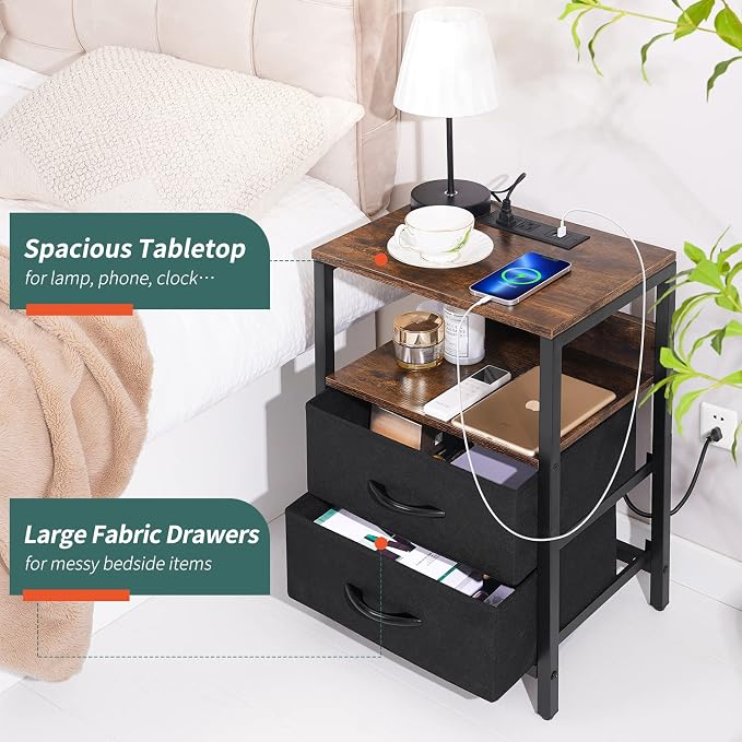 Yoobure Nightstand with Charging Station, Small Night Stand with Fabric Drawers - Image 6