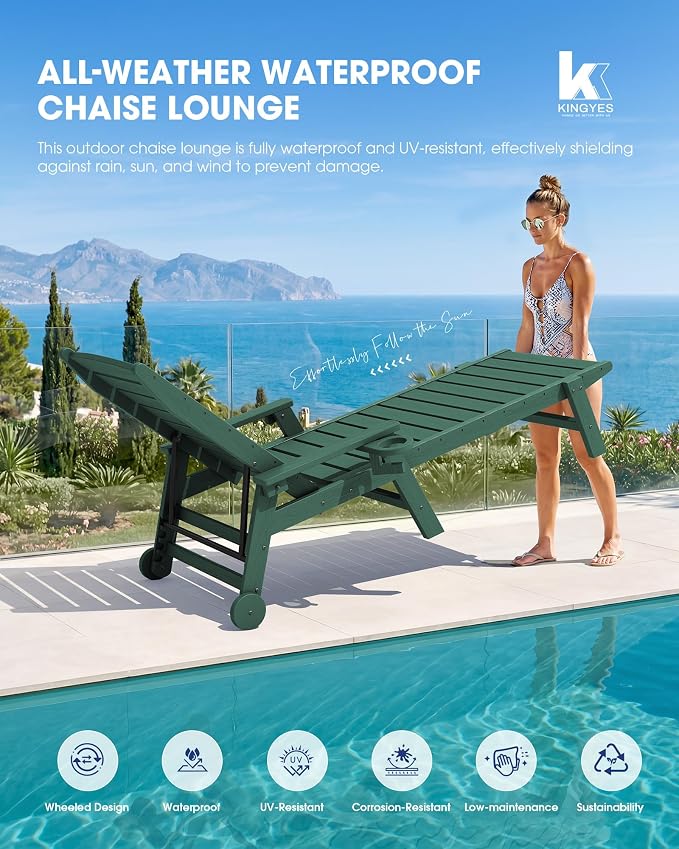 KINGYES HDPE Lounge Chair Outdoor Set of 2, Patio Chaise Lounge Recliner - Image 7