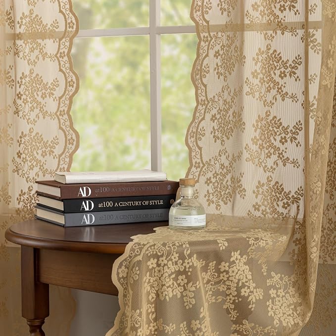 YJ YANJUN Vintage Lace Curtains 96 Inches Long-Victorian Floral Pattern Tan - Image 4
