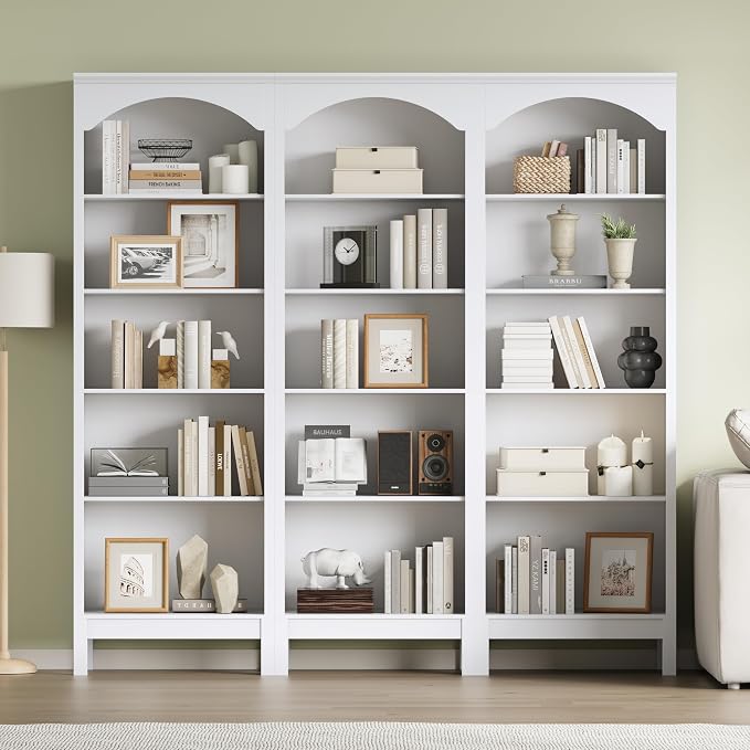 Arched Set of 2 Bookshelf with 5 Tier Open Shelves, Living Room, Modern White - Image 3