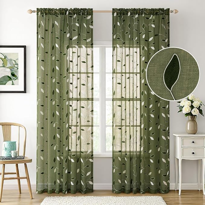 MIULEE Olive Green Sheer Curtains 2 Panels Leaf Patterned, W52 x L96 | - Image 2