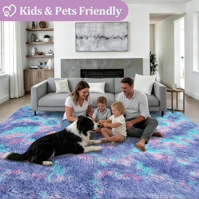Area Rug Living Room Bedroom: 5x7 Fluffy Plush Shag Carpet Rainbow | - Image 4