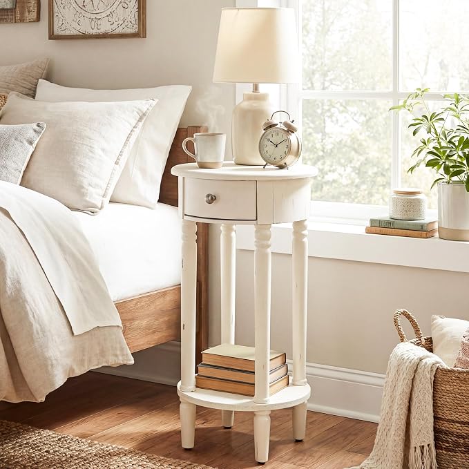HOMPUS Round End Table with Drawer, Tall end Table with Open Shelf, Farmhouse by HOMPUS