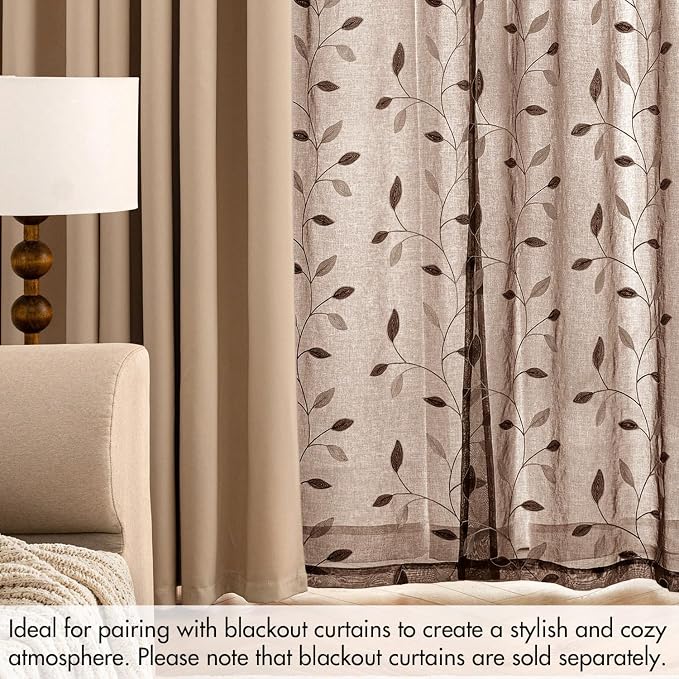 MIULEE Chocolate Brown Sheer Curtains 2 Panels Leaf Patterned, W52 x L84 | - Image 7