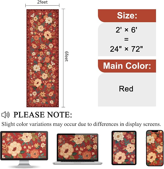 DUKINO 2x6 Runner Rug for Hallway, Washable Kitchen Rugs Non Slip, Floral - Image 2