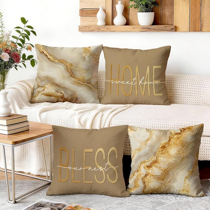 OBSEDE Inspirational Beige Marble Decorative Throw Pillow Covers 18 × 18 in - Image 5