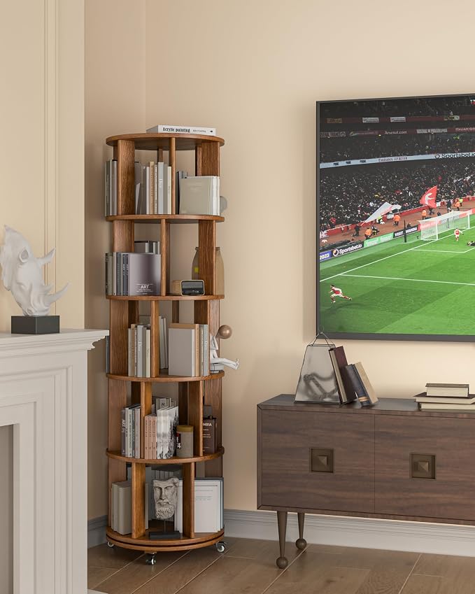 5-Tier Solid Wood Rotating Bookshelf on Wheels, 360° Spinning Book Shelf Tower - Image 9