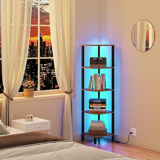 TUTOTAK Corner Shelf with LED Light, 5-Tier Corner Bookshelf - Image 6