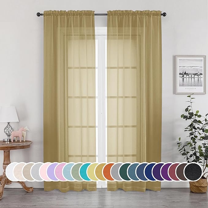 Gold Sheer Curtains 84 Inch Length 2 Panels Set, Light Filtering Voile Fimly by OWENIE