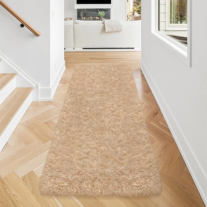 Beige Runner Rug for Bedroom 2x5ft Fluffy Area Rug Bedside Runner Rug for Kids - Image 2