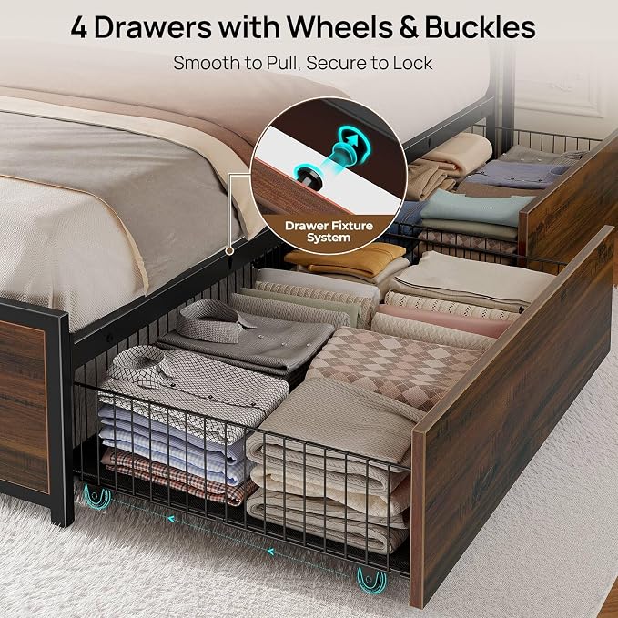Rolanstar Queen Bed Frame with 4 Storage Drawers, Charging Station and LED - Image 4