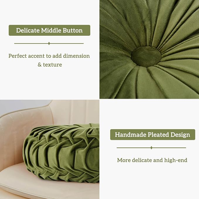HIG Set of 2 Olive Velvet Decorative Round Pleated Throw Pillows | Vintage - Image 3