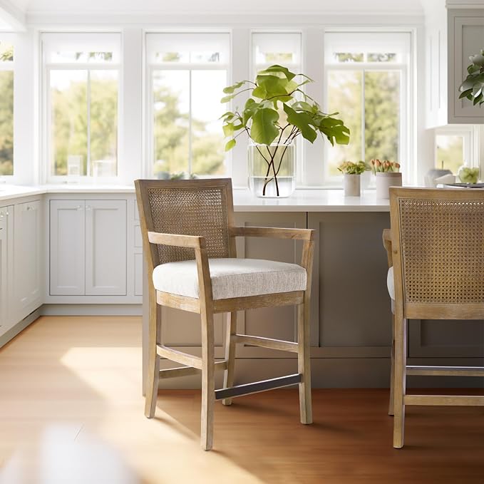 Madison Park Bar Stool with Rattan Back, Wood Counter Height Barstools - Image 2