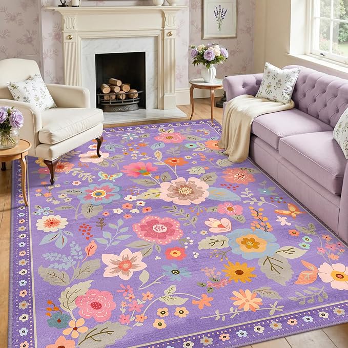 RELEANY Floral Washable 7x9 Area Rugs Purple/Pink | Flower Carpet Print Boho - Image 8