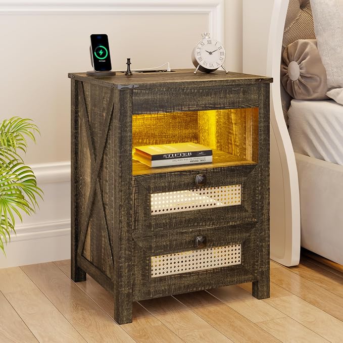 Night Stand Set 2 with Gun Drawer, Bedside Table with Charging Station - Image 7