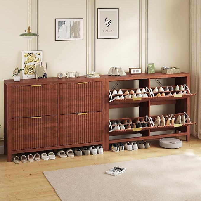 YOMILUVE Shoe Cabinet Storage for Entryway, Fluted Walnut Shoe Cabinet - Image 8