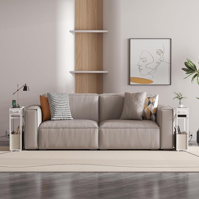 Leomonio White Side Table with Charging Station, Slim End Tables with Linen - Image 7