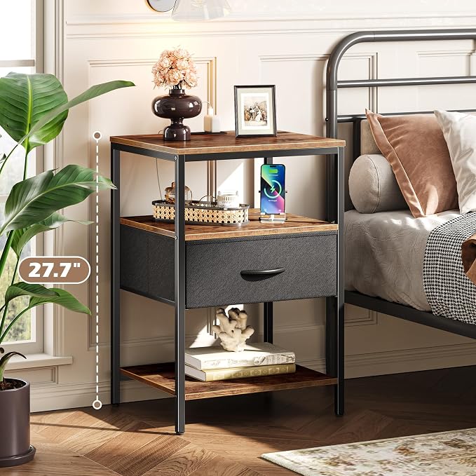 SUPERJARE Night Stand with Charger Station, 27.7 Inch Tall Nightstand with - Image 2