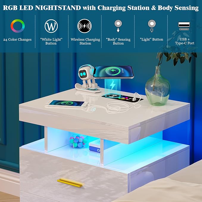 WOOVIVS Night Stand with Light, High Gloss Nightstand with USB/Wireless - Image 5