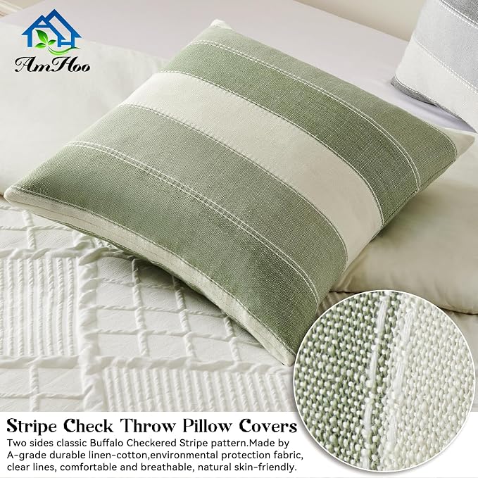 AmHoo Pack of 2 Farmhouse Stripe Check Throw Pillow Covers Set Case Cotton - Image 3