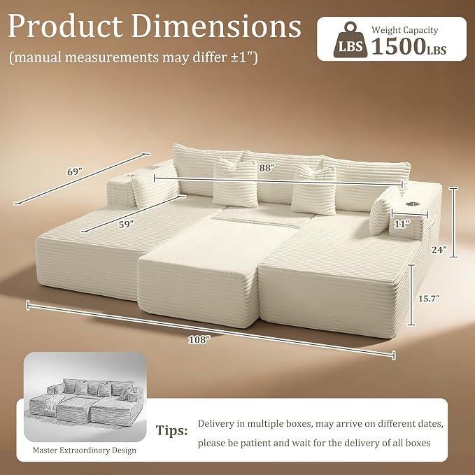 108" Cloud Sectional Couch, Comfort Sleep Sofa - Image 2